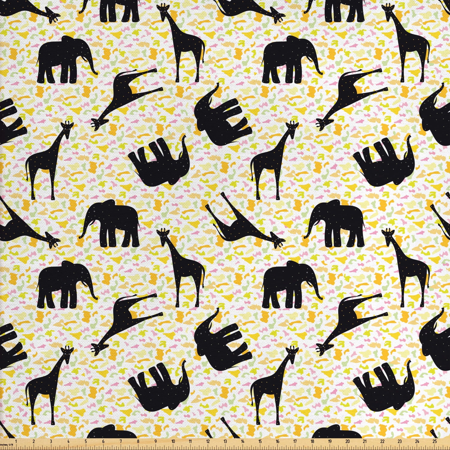 Giraffe Fabric by The Yard, Pattern with Cartoon Giraffes and Elephants