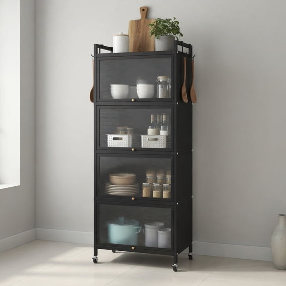 Barara King Kitchen Bakers Rack, Kitchen Microwave Stand, 5-Tier Kitchen Baker's Rack with Flip-up PC Doors-Black