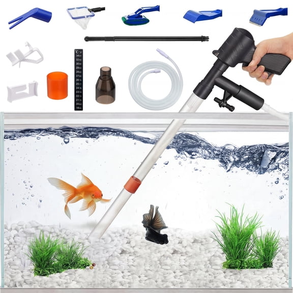 Aquarium Gravel Cleaner, Fish Tank Siphon Vacuum Cleaner with Thermometers Fish Net Kit Use for Water Changer Fish Tank Cleaning Gravel and Sand