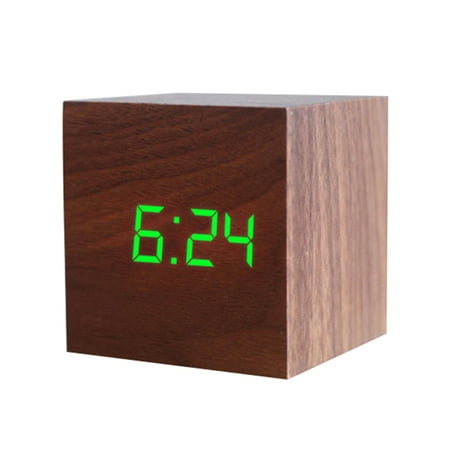 Farfi Wooden Square Digital LED USB Desk Alarm Clock Table Voice Control Decoration (Brown Wood Green Figure)