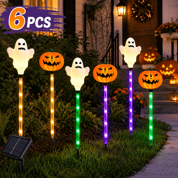 1-Pack Solar Halloween Pathway Lights - 19.6 Inch Waterproof Multi-Color LED Spooky Ghost & Pumpkin Stake Lights for Outdoor Garden Yard Decor