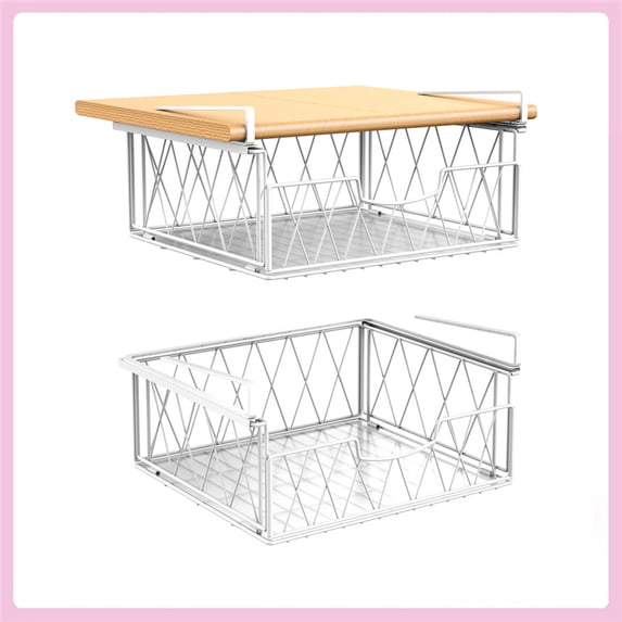 Slide Metal Wire Under Shelf Storage Hanging Storage Basket for Kitchen (White)