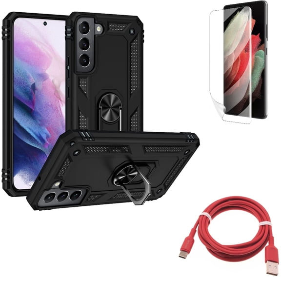 6ft USB-C Cable & Hybrid Case Cover & Matte Screen Protector for Samsung Galaxy S22 Plus (S22 ) - Combo Red Charger Cord Power & Metal Ring Kickstand & TPU Film Anti-Glare