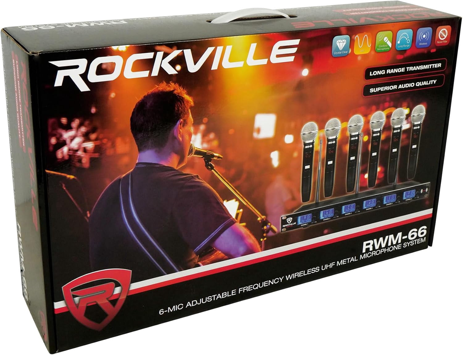 Rockville RWM-66 6-Mic Wireless UHF Microphone System, 48 Channels, Metal Build, Interference-Free, Long Range, Easy Setup, for Karaoke, Events, and Live Performances