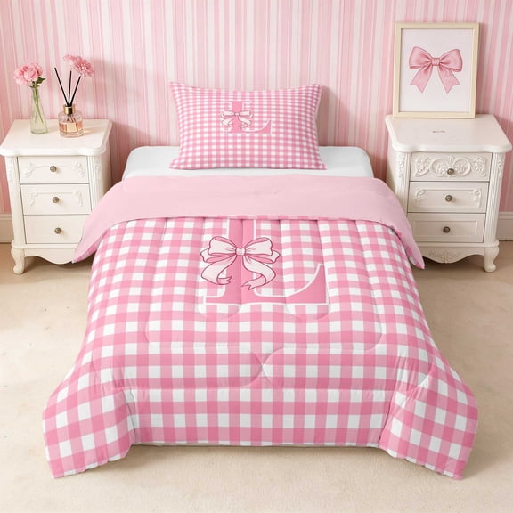 Erosebridal Chic Satin Bow Ribbon Twin Comforter Sets for Girls, Romantic Floral Print Bedding Set, Pink Reversible 2 Pieces 1 Comforter and 1 Pillowcase