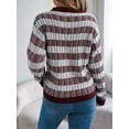 thumbnail image 2 of Women'S 2025 Fall Winter Color Block Striped Sweater Crew Neck Sweaters Casual Loose Knit Sweater Wine Red S, 2 of 7