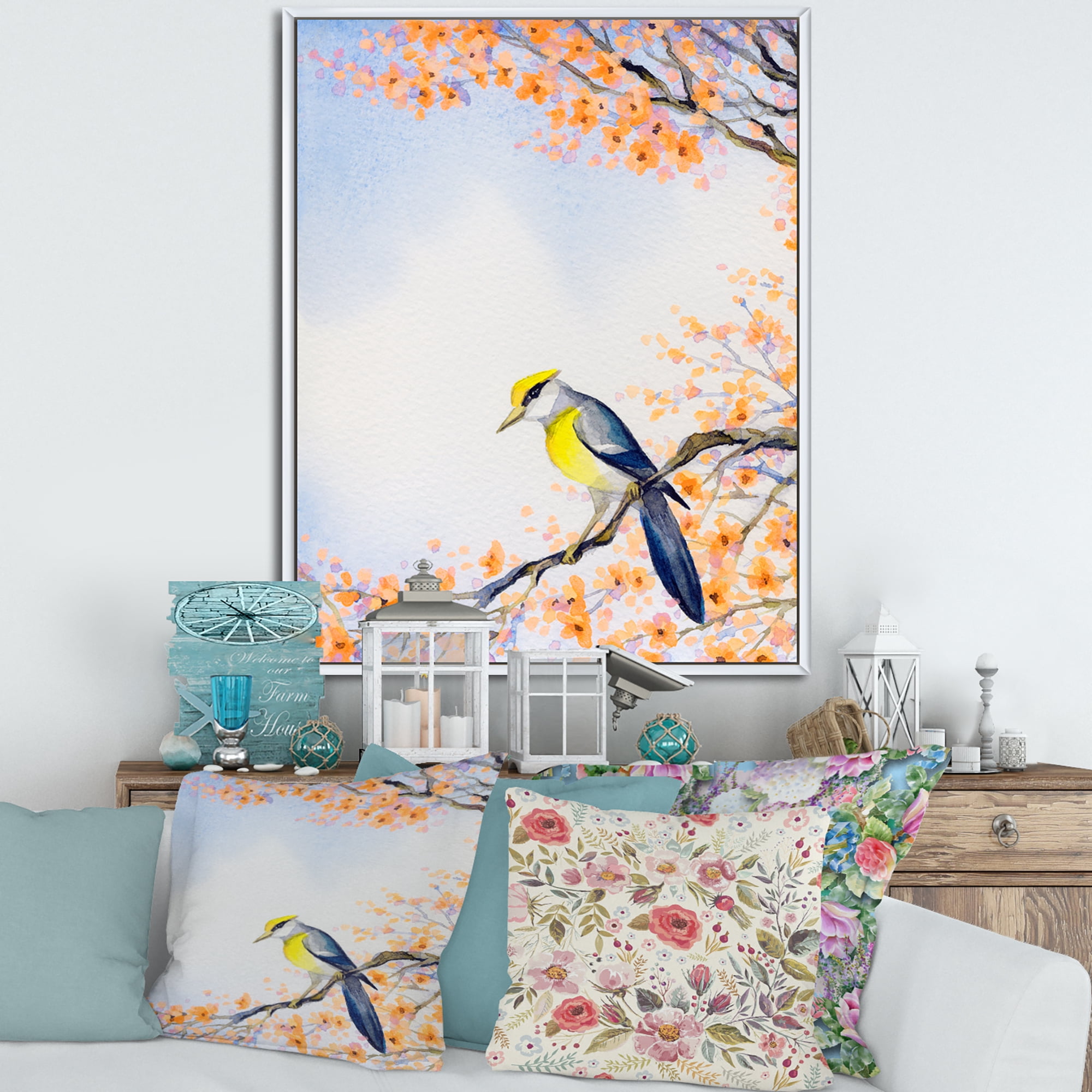 Designart 'Beautiful Blue Bird Sitting On Flowering Branch II' Traditional Framed Canvas Wall Art Print