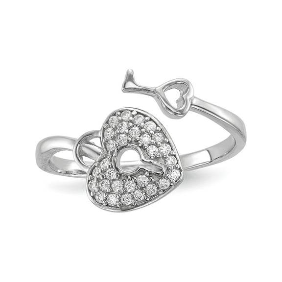 Sterling Silver Rhodium-Plated Cz Heart Lock And Key Ring (Size 6) Made In China qr6748-6