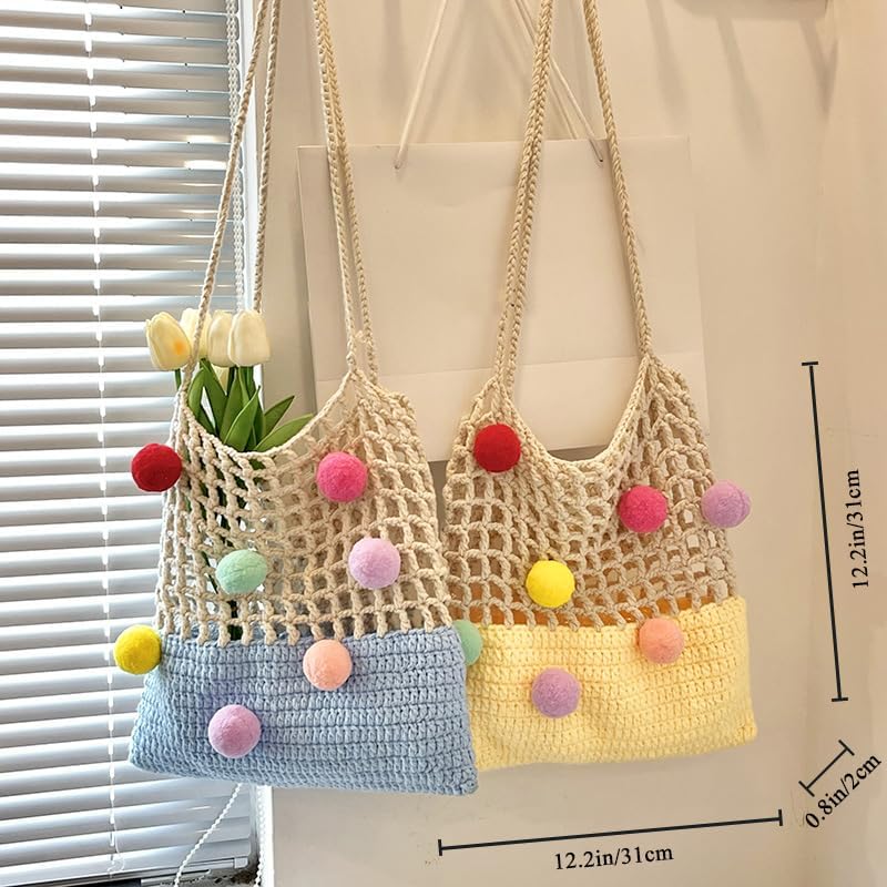 JennyShop Crochet Openwork Tote Bag for Women, Hot Sale Knitted Shoulder Bag Patchwork Color Clashing Handbag