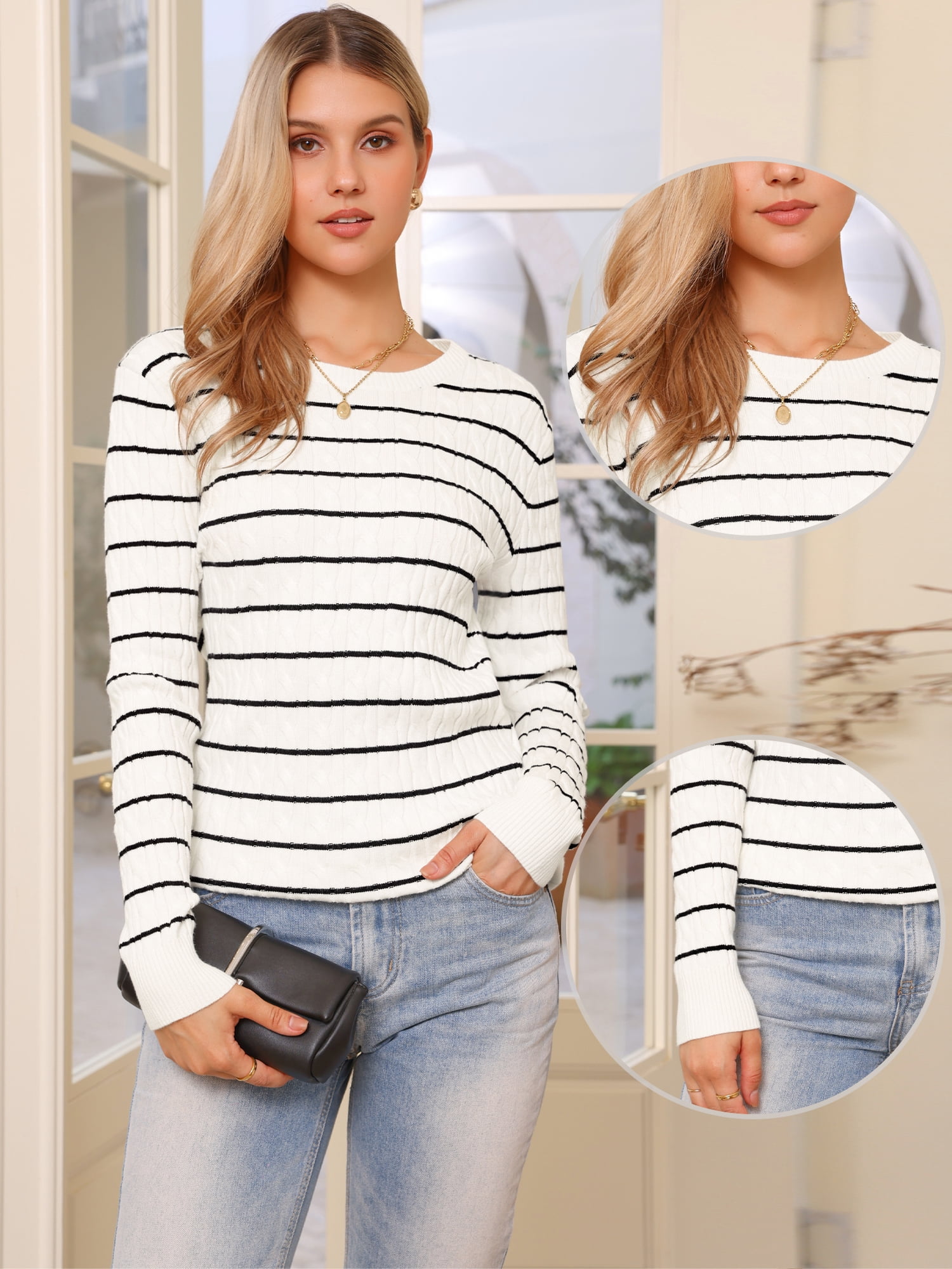 DARING DIVA Striped Round Neck Fall Winter Pullover Sweater Tops L White