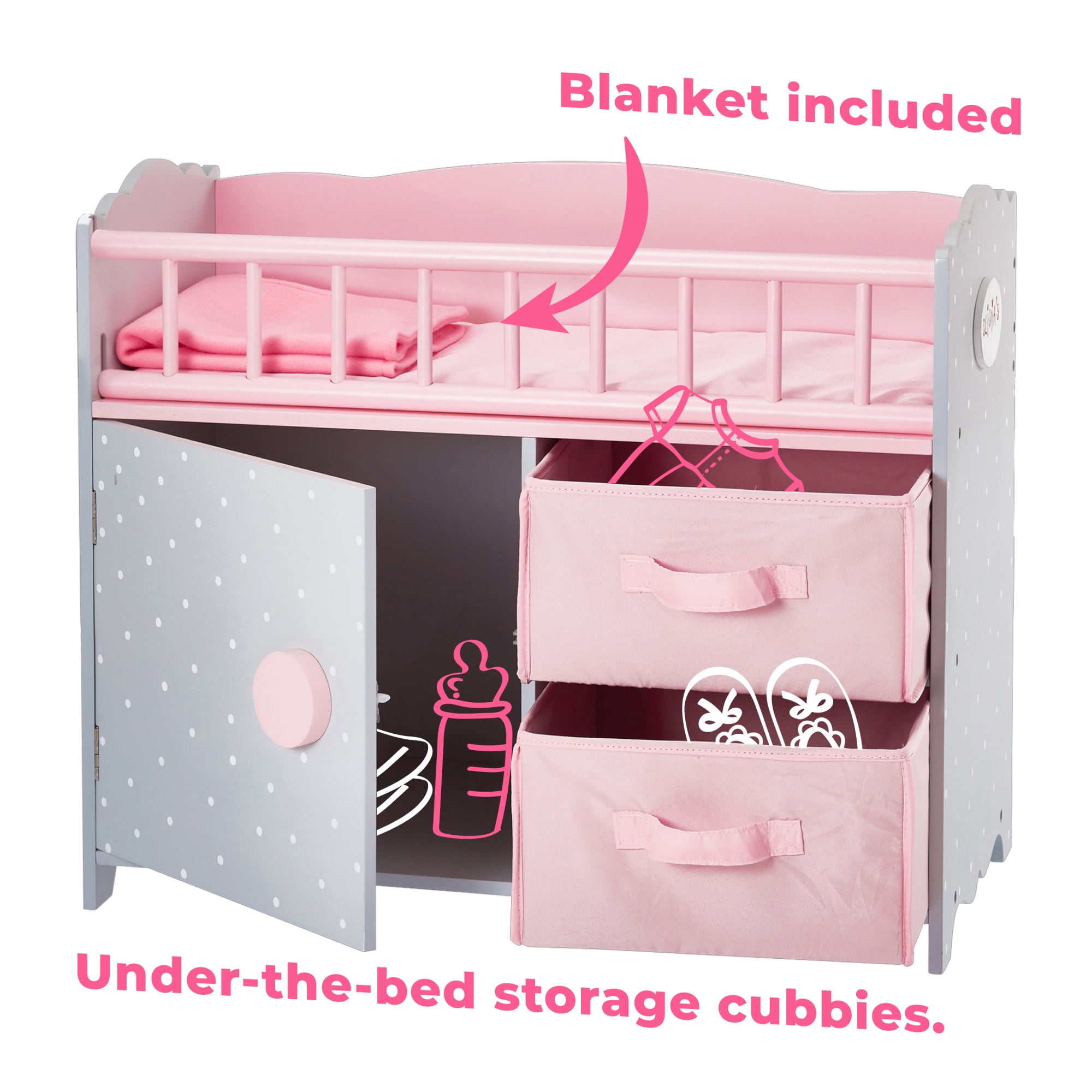 Olivia's Little World Wooden Baby Doll Crib + Under-the-Crib Storage, Pink/Gray