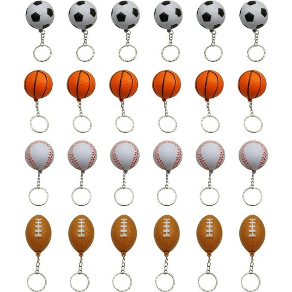 24 Count Mini Sports Ball Keychain Assortment, Foam Squeeze Stress Balls in Soccer, Basketball, Football, Baseball for Sports Theme Party Favors, Goodie Bags & Classroom Prizes