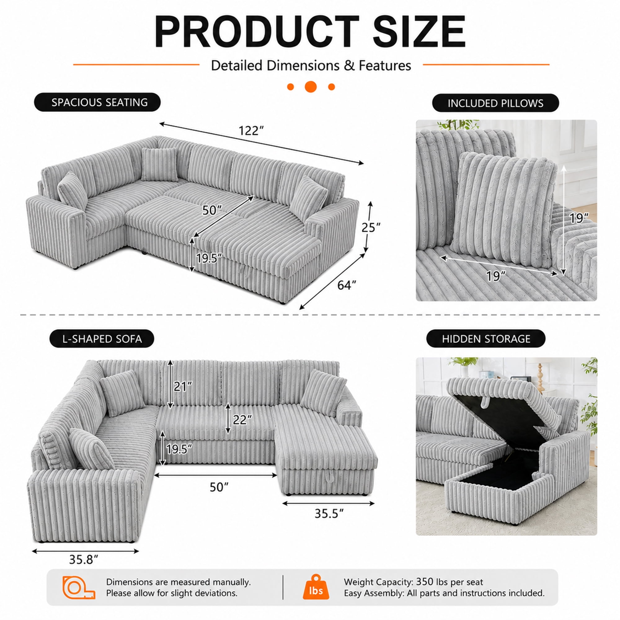 Oversized 122" U-Shaped Sectional Sleeper Sofa Bed with Pull-Out Bed,Storage Chaise,Type-C USB,Fuzzy Plush,7-Seat,Gray