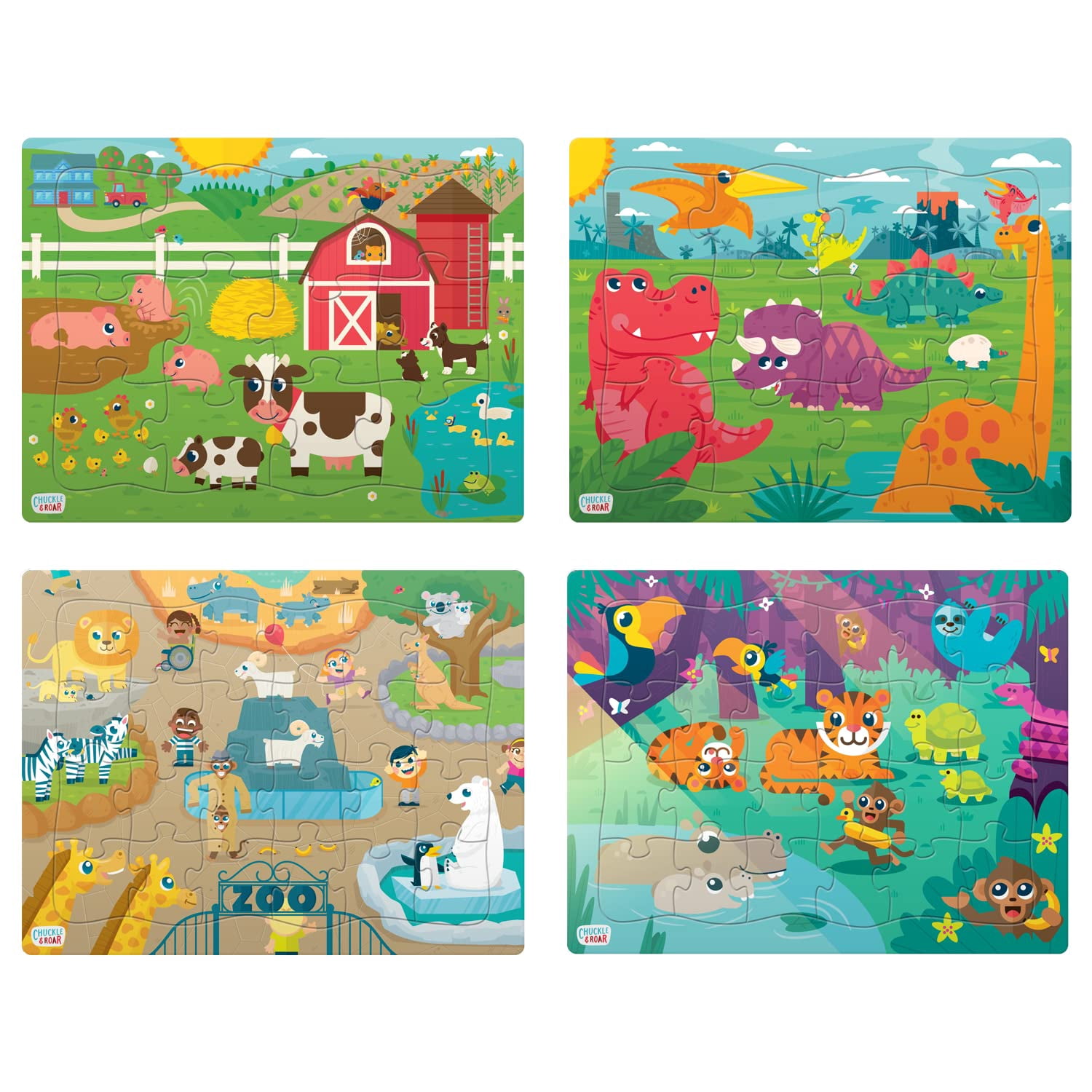 Chuckle & Roar - 4 Pack Tray Puzzles - Farm Dinosaurs Jungle and