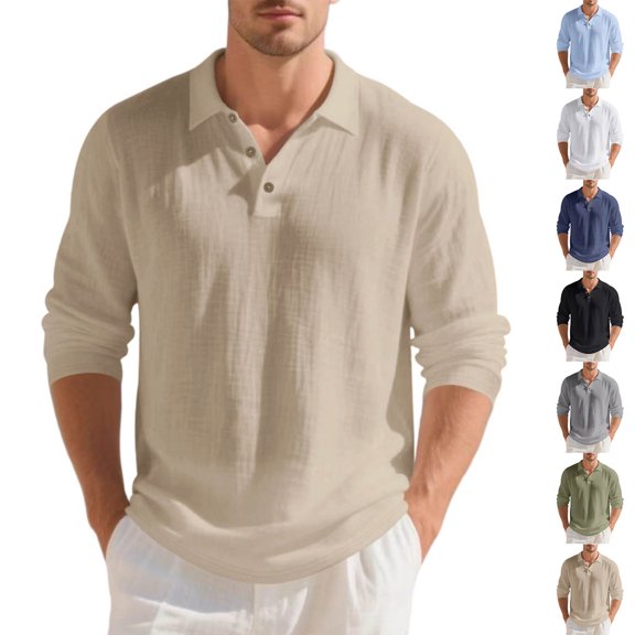 Men’s Linen Golf Polo Shirts Long Sleeve Collared Button Classic Polo Lightweight Breathale Workout Fall Sweatshirts