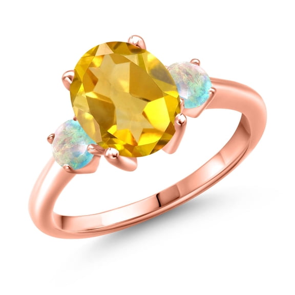 Gem Stone King 2.90 Ct Oval Yellow Citrine White Simulated Opal 18K Rose Gold Plated Silver Ring (Size 7)