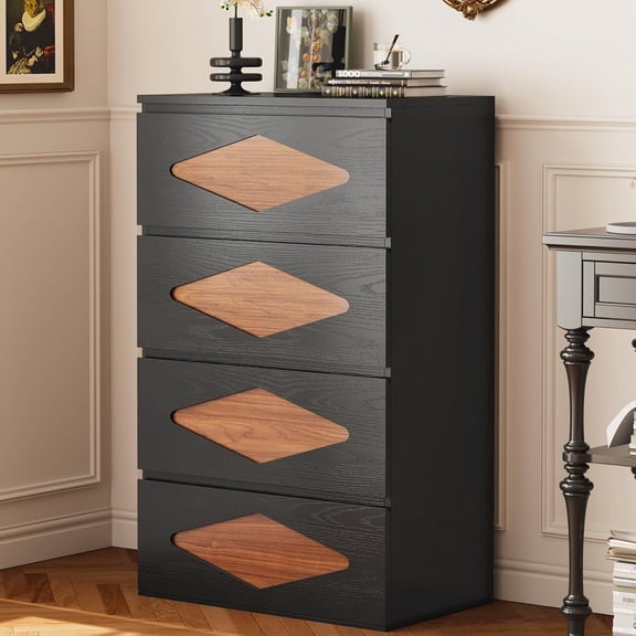 48.3'' Tall Dresser for Bedroom, 4 Chest of Wooden Deep Drawers, Vintage Dresser, Closet Storage Dressers Organizer for Bedroom, Living Room, Hallway (Black Brown)