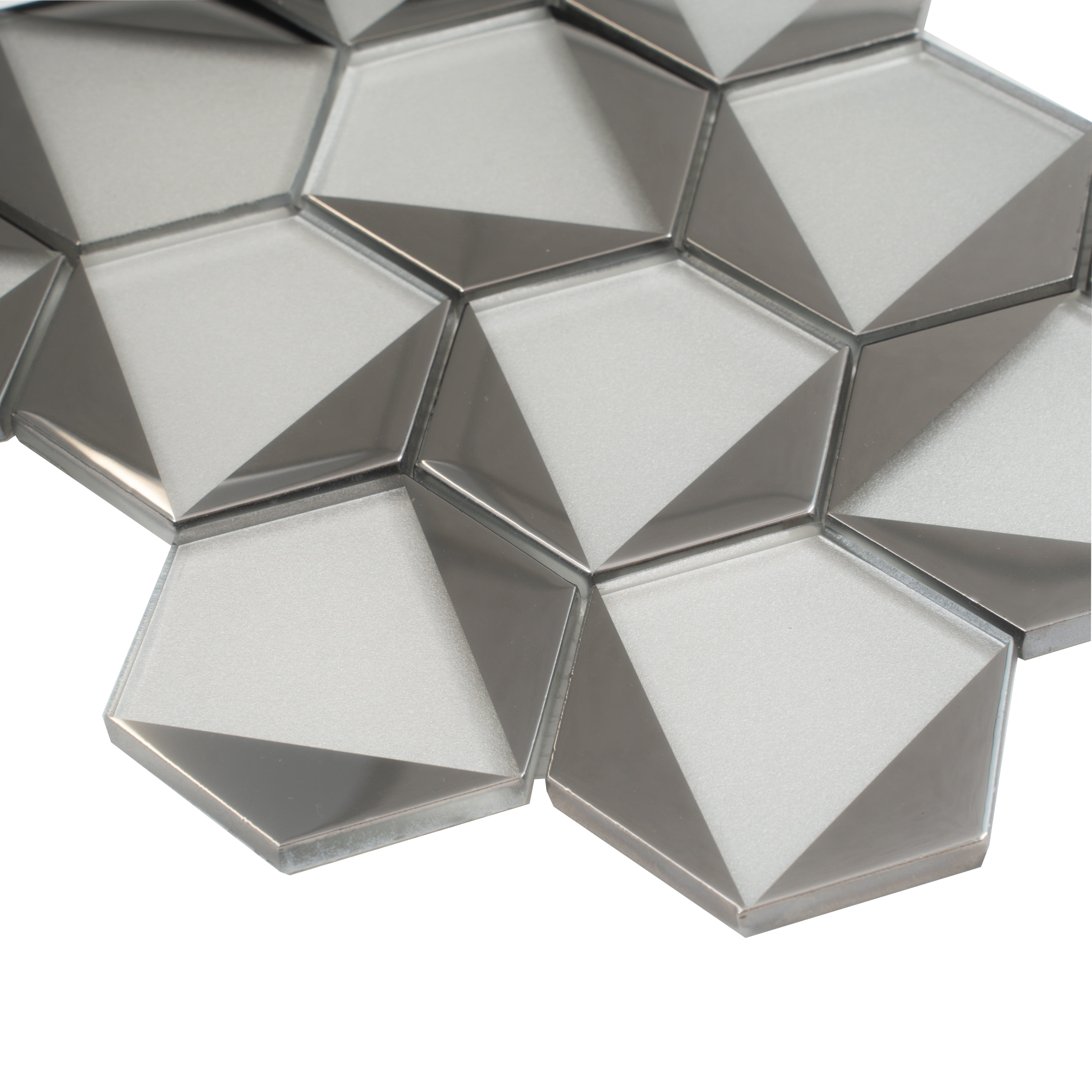 Mirari 9x11 in. Gray, Silver Glossy Glass 3D Trapezoid Mosaic Wall Tile (3.28 sq ft/case, 5-Pack)