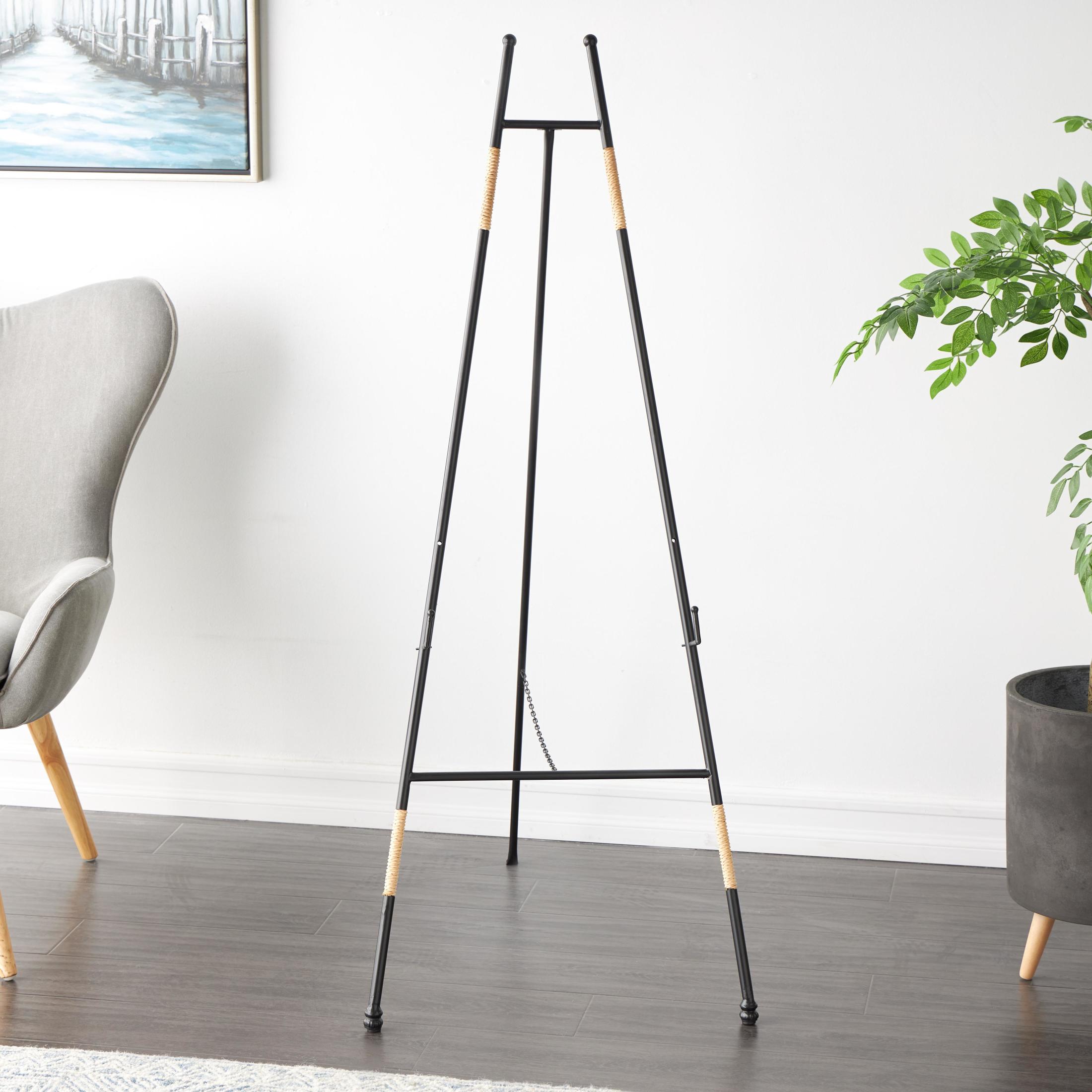 DecMode 22" x 54" Black Metal Slim Foldable Floor 2 Tier Easel with Wrapped Rattan Accents, 1-Piece