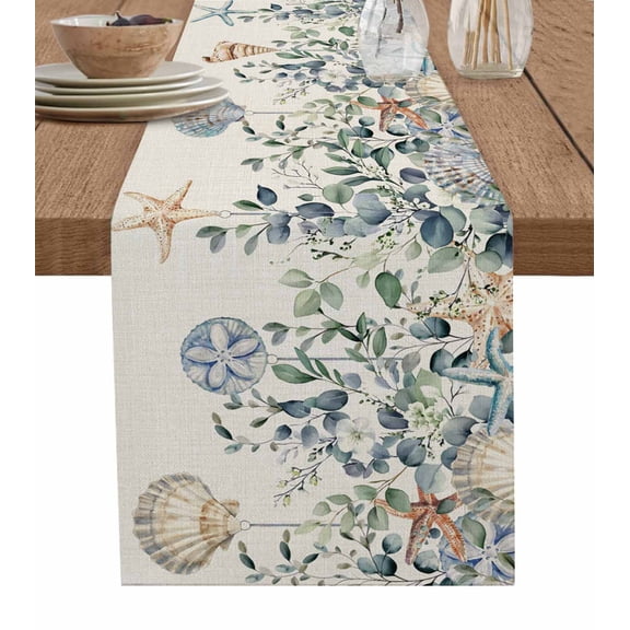 Blue Eucalyptus Coastal Table Runner 70 Inches, Starfish Shell Summer Bed Runner Dresser Scarves Tabletop for Indoor Outdoor Parties/Ceremony/Banquet, 13" x 70"