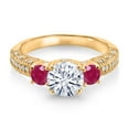 thumbnail image 2 of Gem Stone King 18K Yellow Gold Plated Silver White Moissanite and Red Ruby Engagement Ring for Women (1.98 Cttw, Gemstone, Round 7MM and 4MM, Size 8), 2 of 3