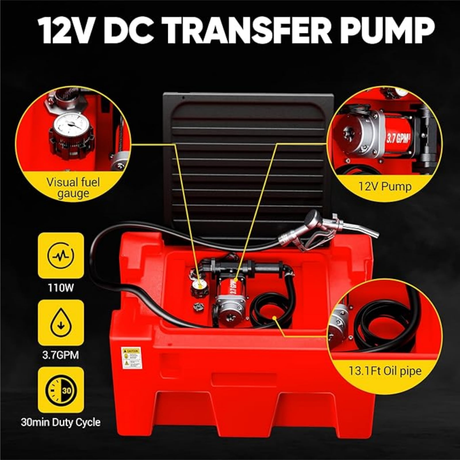 Gewna 40 Gallon Fuel Transfer Tank,Gasoline & Diesel Portable Tank with 12V Electric Pump, 3.7 GPM Fast Flow, 13.1 ft Power Cord, Red
