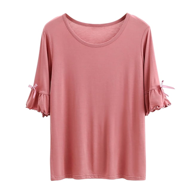 AherBiu Pajamas Tops for Women Oversized Ruffle 1/2 Sleeve Basic Layer Top Tees Shirts Comfy Soft Undershirts