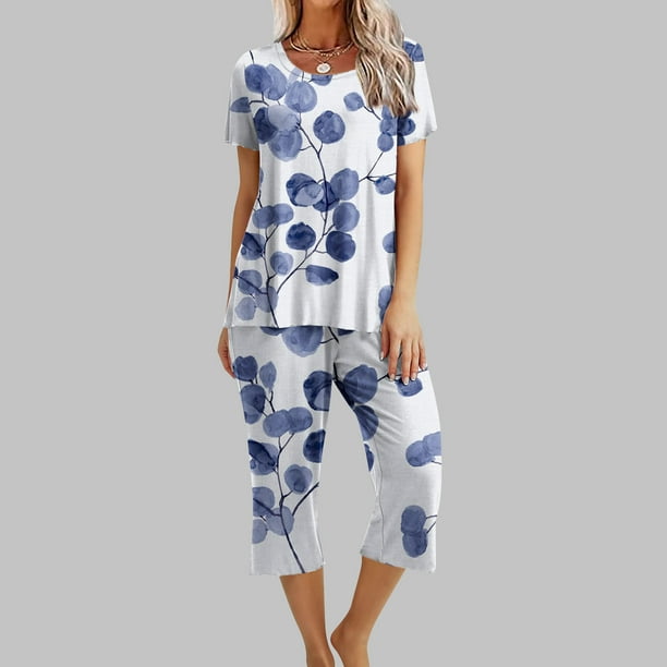 EGNMCR Women 2 Piece Cotton Linen Outfits Pajama Sets Floral Print ...