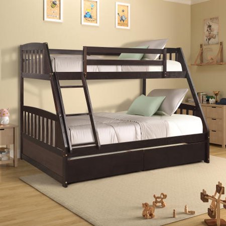 Twin Over Full Bunk Bed with Two Storage Drawers  Solid Wood Bunk Bed for Kids  Teens  Adults