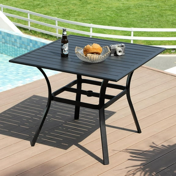 LVUYOYO Outdoor Patio Dining Table, Metal Square Table with Umbrella Hole, All-Weather Furniture for Backyard, Garden,Balcony,Porch (Black)