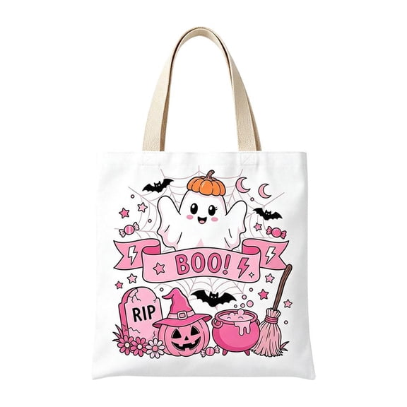Cute Halloween Canvas Tote Bag, Reusable Candy Gift Bag for Campus and Shopping (Style A, One size, 13.8 x 15.7 in)