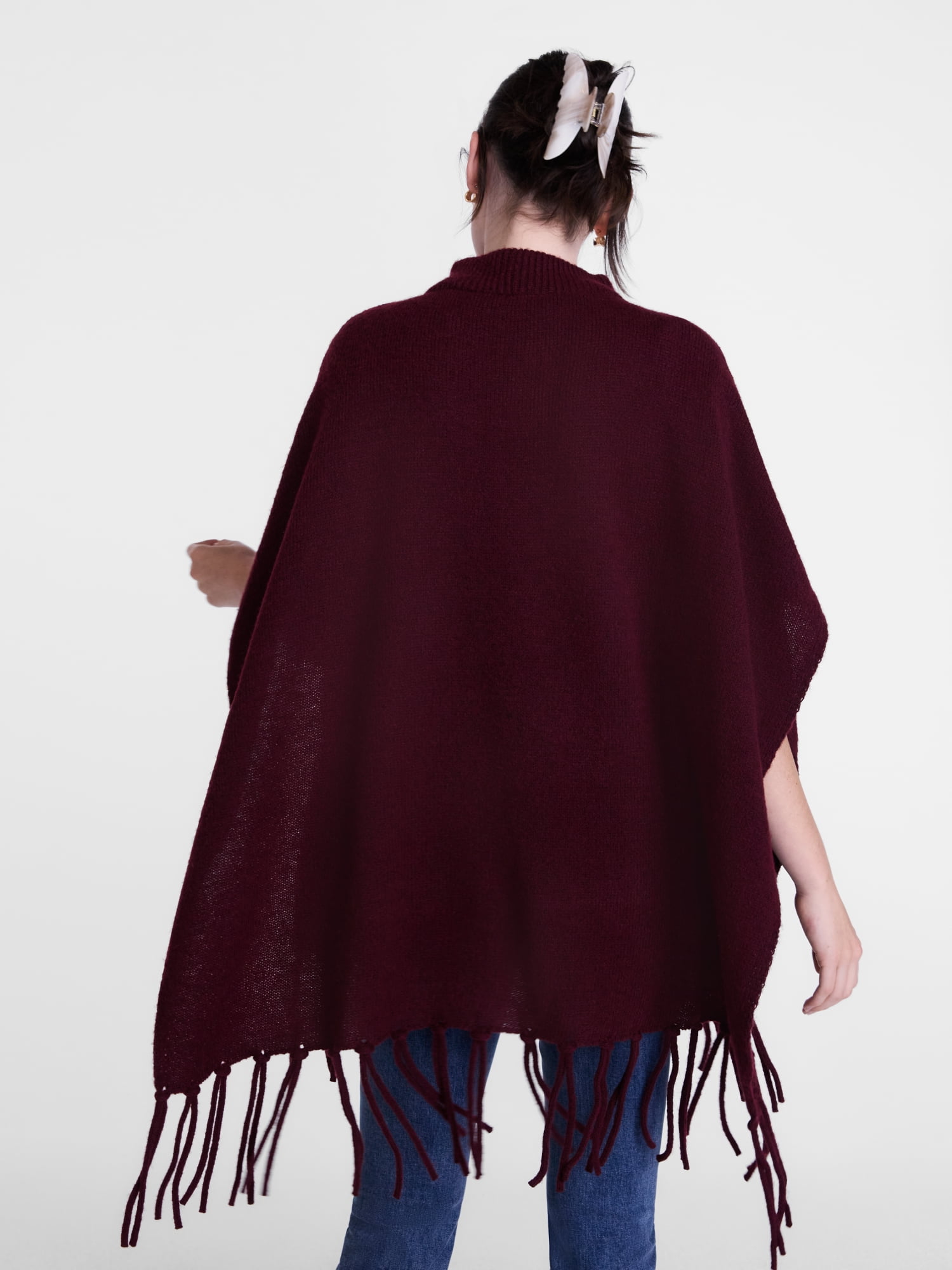 Scenario Women's Mock Neck Fringe Poncho, Sizes S-XL