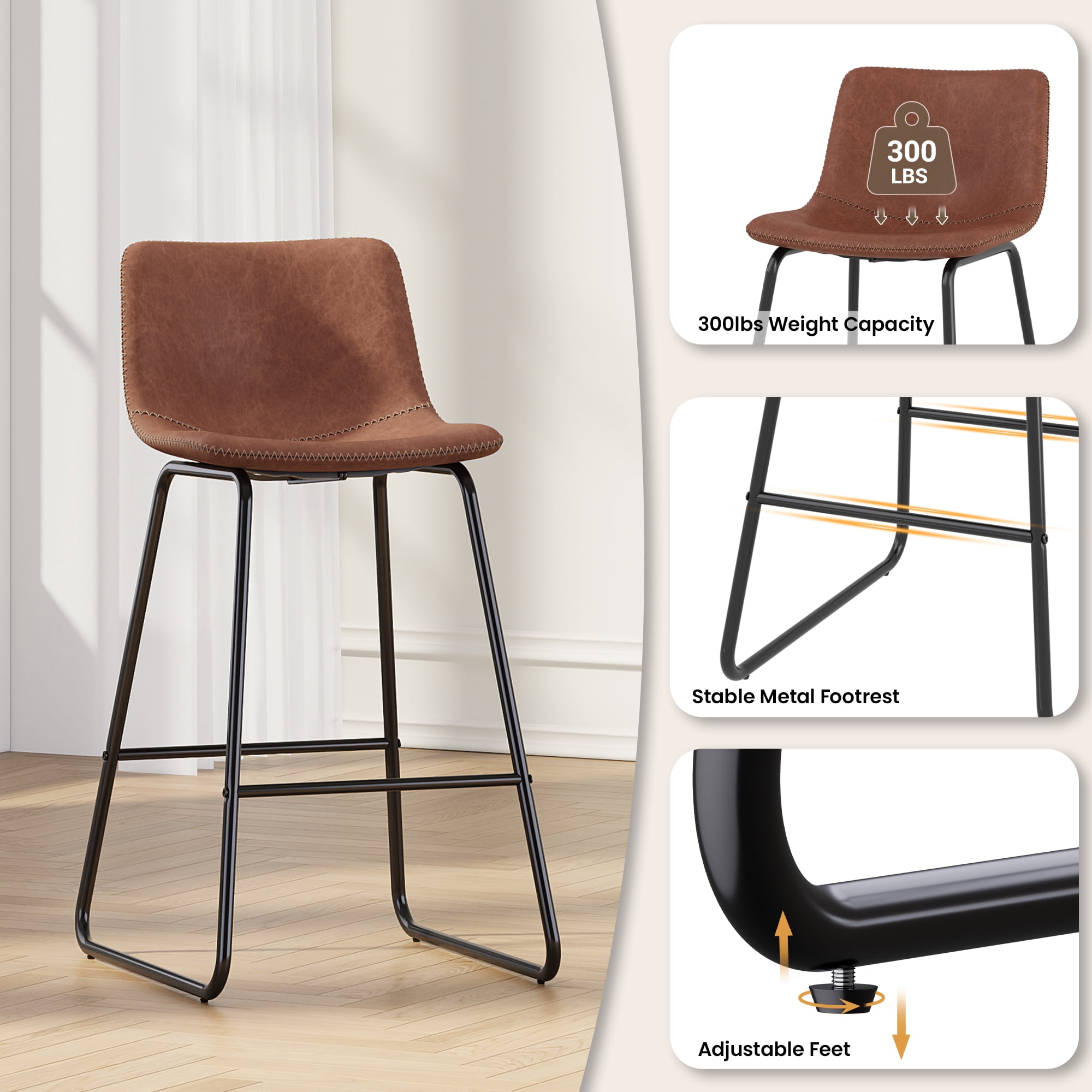 Aufeile 26" Counter Height Bar Stools Set of 3 – Modern Faux Leather Barstools with Back & Metal Legs, Kitchen Bar Chairs for Island, Dining Room, Dark Brown