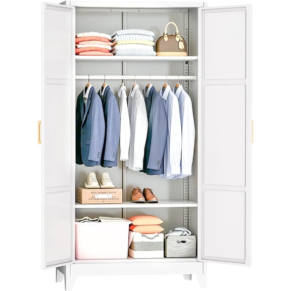 Metal Wardrobe Cabinet, 19" D x 34" W x 71" H Metal Wardrobe Closet with Hanging Rods and Adjustable Shelves,Clothing Storage Closet Cabinet for Bedroom, Cloak Room, Laundry Room (White)