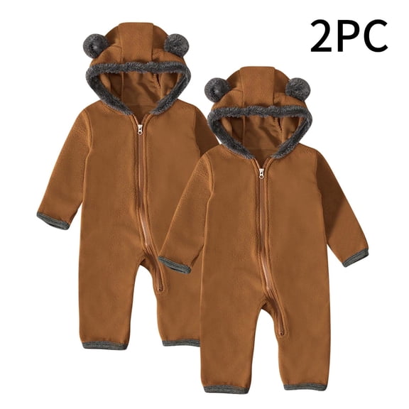 AUNVITO Cozy Bear Hood Unisex Baby Romper 0-24M Soft Fleece Long Sleeve Bodysuit 2PC Set with Snap Closure