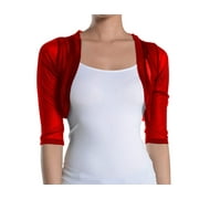 Fashion Secrets Junior's Sheer Chiffon Bolero Shrug Jacket Cardigan 3/4 Sleeve (XXX-Large, Red)