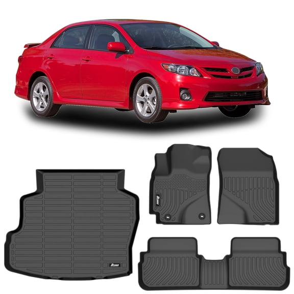 Ikon Motorsports 3D Molded TPE Floor Mats   Trunk Mat Fits 2009-2010 Toyota Corolla, Black Waterproof Non-Slip Floor Liners, Front 2nd Row Carpets 4PCS