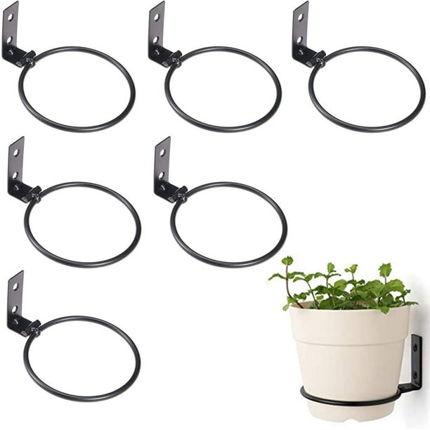 Flower Pot Holder Rings Wall Mounted 4 Inch, Collapsable Metal Planter Pots Hook  Hangers for Indoor & Outdoor Decorative, Iron Dog Or Pet Bowl Bracket, 6  Pack, Black 