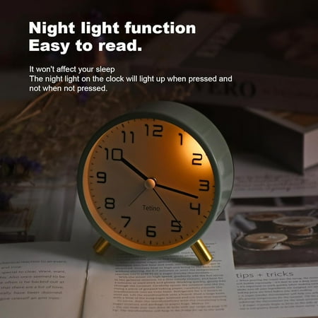 PYAN-Analog Alarm Clocks,Retro Metal Desk Silent Non Ticking Small Clock with Night Light,Battery Operated,Simple Design,for Bedrooms, Bedside,Office,Home Décor (Green)