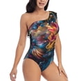 thumbnail image 3 of Uemuo Vibrant Rooster Painting Print Women's One Piece Swimsuit Asymmetrical Neck Bathing Suit One Shoulder Side Cutout Ruffle Swimwear-Small, 3 of 6