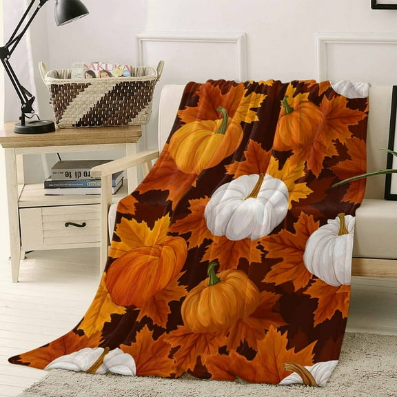 Thanksgiving Fall Throw Flannel Blanket 50x60In Orange White Pumpkin Maple Leaves Super Soft Cozy Bed Blanket, Lightweight Plush Fuzzy Bed Throw for Bedroom Sofa Couch Living Room