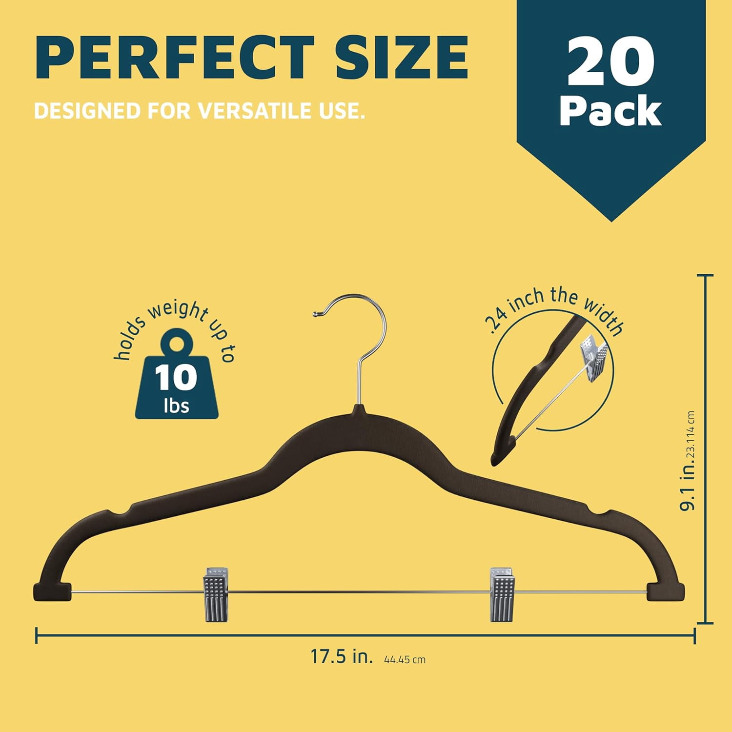 Lifemaster Velvet Skirt Hangers – With Adjustable Clips, 360 Degree Swivel Hook, and Non-Slip Shoulder Notch, Holds Up To 10 lbs, For Organizing Skirt, Pants, Dress, and Clothes, Pack of 20, Brown