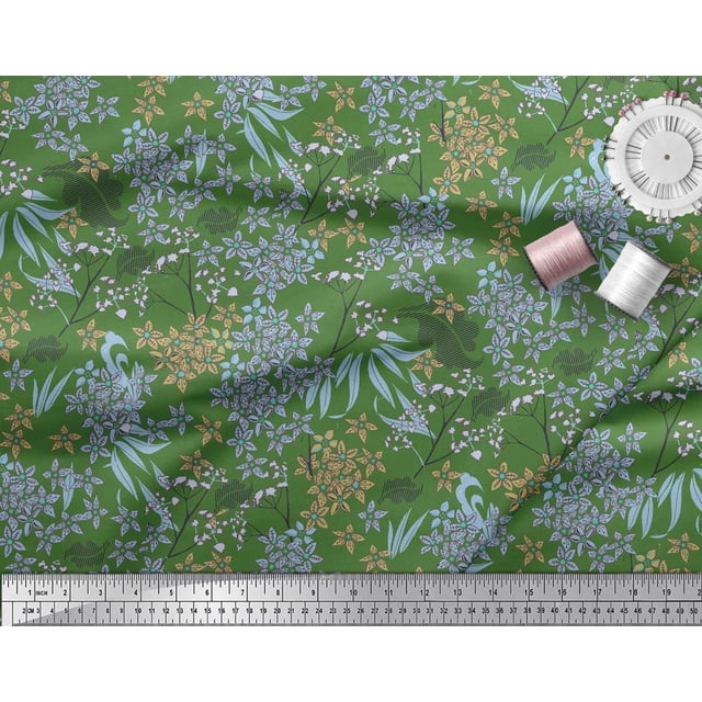 Soimoi Green Modal Satin Fabric Leaves & Floral Hand Drawn Printed Fabric 1 Yard 42 Inch Wide