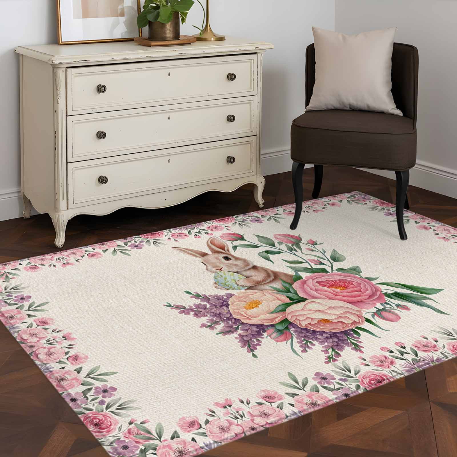 Easter Bunny Roses Area Rugs 2.7'x5', Washable Small Throw Rugs for Kitchen Bedroom, Pink Floral Spring Linen Indoor Outdoor Rug Non-Slip Low Pile Carpet Runner Reversible Floor Mats