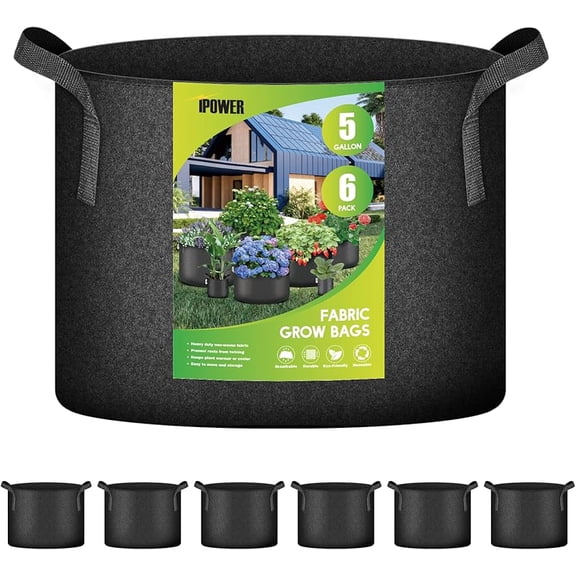 Plant Grow Bag 5 Gallon 6-Pack Heavy Duty Fabric Pots, 300g Thick Nonwoven Fabric Containers Aeration with Nylon Handles, for Planting Vegetables, Fruits, Flowers, Black 2024 Version