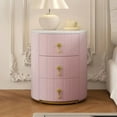 thumbnail image 3 of Velvet Nightstand, 3 Drawer Round Bedside Table with Marble Top, Metal Handles, Fully Assembled Except Handles, Bedroom Storage Furniture, Pink, 3 of 7