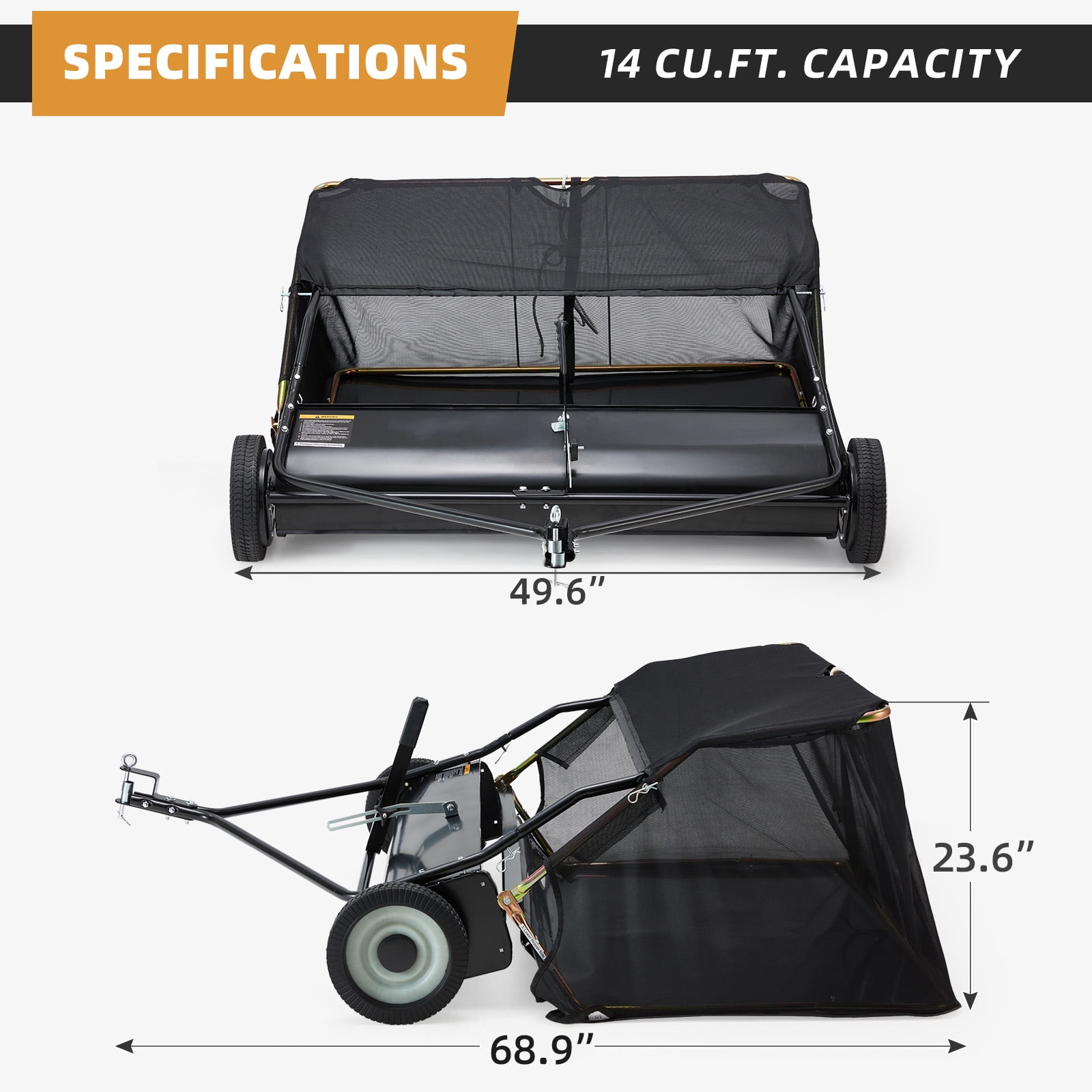 JFHID 42-Inch Tow-Behind Lawn Sweeper with14 Cu.Ft Large Hopper Pull Behind Grass & Leaf Collector for Yard