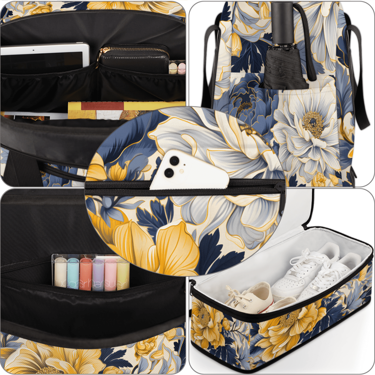 Herdesigns Navy Blue Floral Foldable Travel Duffle Bag for Women and Men Lightweight Carry On Overnight Bag Yellow Flowers Gym Luggage Weekender Bags with Shoe Compartment
