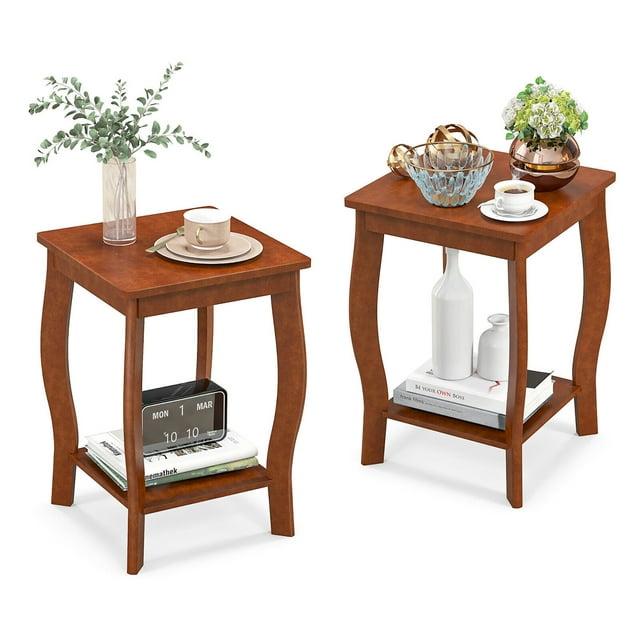 Gymax Ensemble de 2 Tables d'Appoint Carrées à 2 Niveaux, Étroites, pour Canapé, Table de Chevet avec Tablette de Rangement