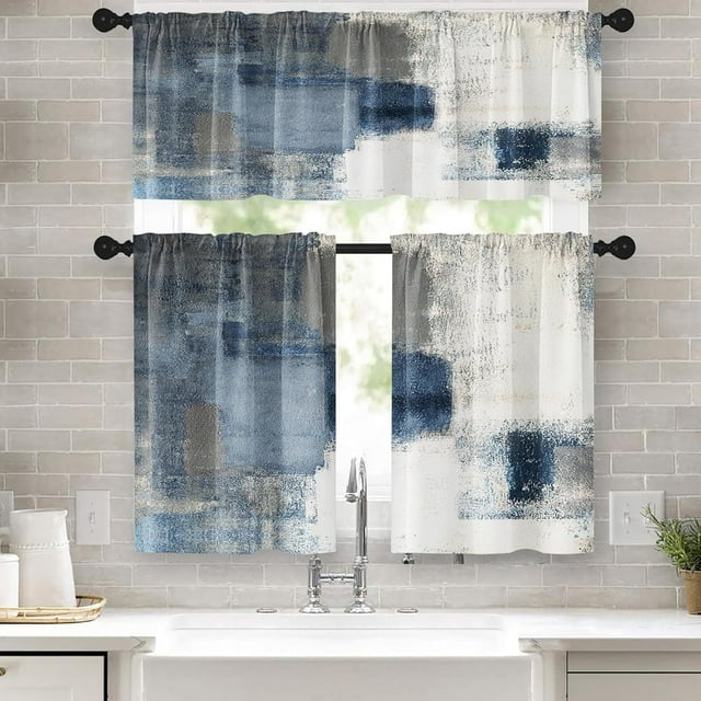 Blue Kitchen Curtains Grey White Window Curtains Valance and Tier Set, Contemporary Rod Pocket Short Tier Curtain, Abstract Art Small Cafe Curtains for Kitchen Decor 52" x 24"